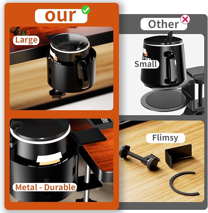 2 Pack Large Desk Cup Holder, OOKUU Anti-Spill Cup Holder for Desk or Table, Sturdy and Durable, Easy to Install, Enough to Hold Coffee Cups, Water Bottles, Gaming PC Office Accessories, Black