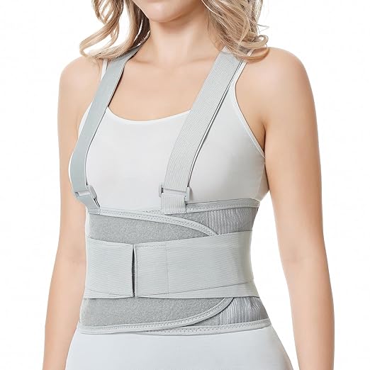 NeoTech Care Back Brace with Suspenders/Shoulder Straps - Light & Breathable - Lumbar Support Belt for Lower Back Pain - Posture, Work, Gym - Grey Color (Size L)