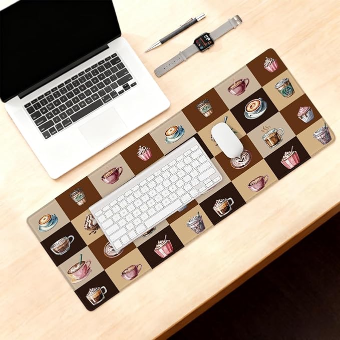 Large Mouse Pad Coffee Theme Brown Non-Slip Rubber Long Gaming Desk Mat Big Computer Keyboard Mousepad Waterproof Protector Wristing Pad for Gaming Office Home Decorative 31.5 X 11.8 Inch