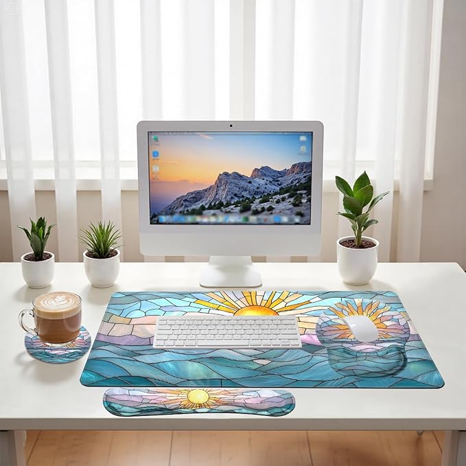 Boho Sun Desk Mat Set Stained Glass Sea Coastal Sunset Large Mouse Pad with Wrist Rest 4in1 Desk Mat for Desktop Ergonomic Computer Desk Arm Wrist Anti-Slip Computer Mouse Pad Home Office Gaming