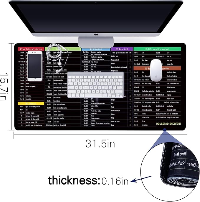 Quick Key XXL Mouse Pad with Word EXCEL PPT Shortcut,Super Thick Waterproof Large Mousepad with Stitched Edge,Adobe&Office Software Shortcut Non-Slip Base Keyboard Mat 800X400X4mm