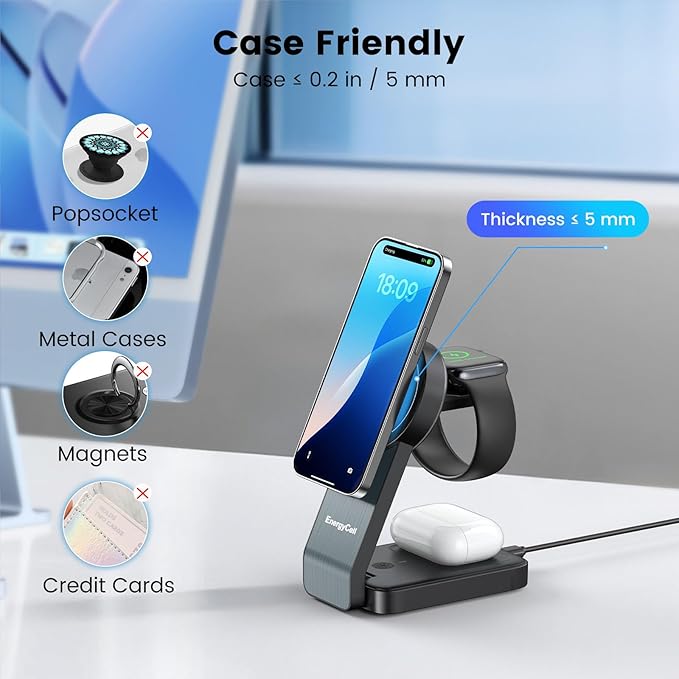 3-in-1 Wireless Charging Station for Apple Devices, 15W Wireless Charger for iPhone 17/16/15/14/13/12, Apple Watch, AirPods, Magnetic Foldable Fast Charger Apple Charging Station