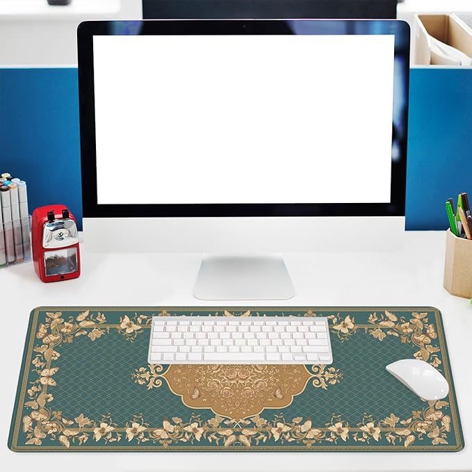 Vintage Butterfly Desk Pad Mouse Pad Gold Floral Extended Gaming Mouse Pad Mat with Stitched Edge Non-Slip Base 31.5 x 11.8 Inch Office Computer Keyboard Laptop Home