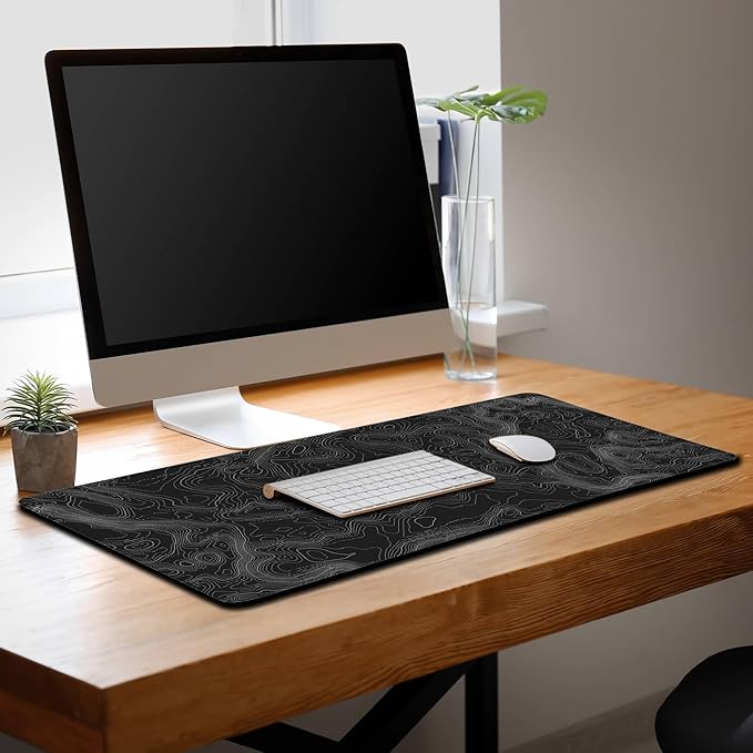 Computer Desk Pad - Black and White, Gaming Keyboard and Mouse Pad, Non-Slip Rubber Base, 35.4 X 15.7 inch for Work/Game/Office Topographic Map
