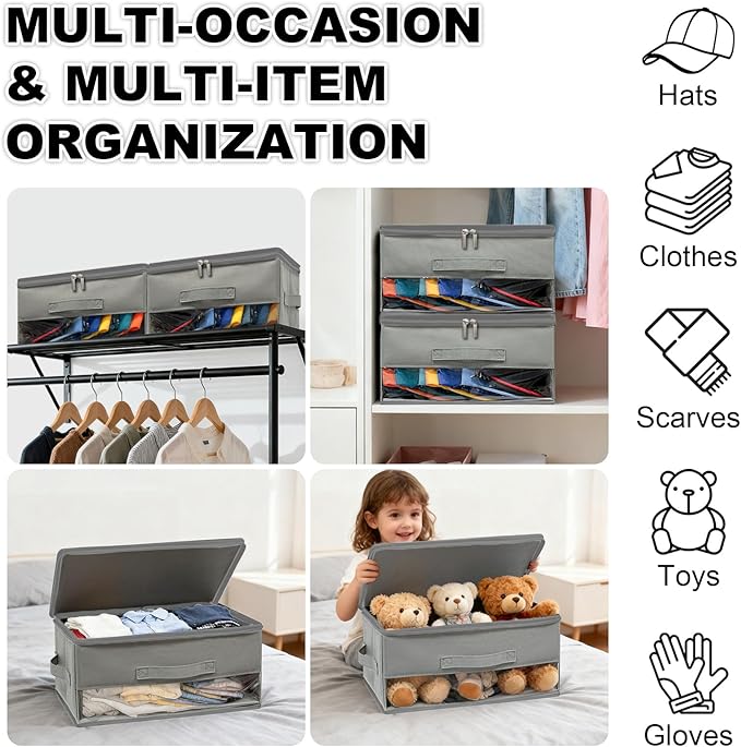 2 PCS Stackable Hat Storage for Baseball Caps, Space Saving Hat Organizer Box for Closet, with All Around Cardboard Support, Zipper Lid, Clear Window and 3 Handle, Each Holds 12 Hats