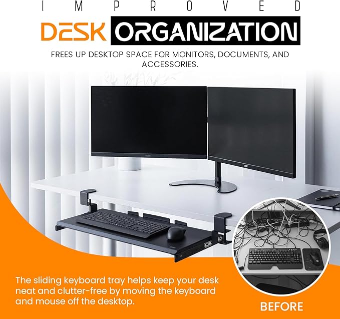 Keyboard Tray Under Desk Slide Out | MDF Board Platform with Iron Rail | Ergonomic Pull-Out Drawer with Clamp Mount | Space Saving Keyboard Shelf Attachment for Home Office Desk