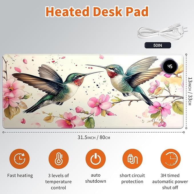 Heated Mouse Pad,Warm Desk Pad with 3 Levels Heating & 3 Hours Auto Shut-Off, PU Leather Heated Desk Pad Warmer Pad for Home Office - 31.5 x 13 inch,Watercolor Hummingbird