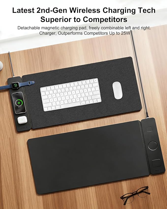 Wireless Charging Mouse Pad with 2nd Gen Tech, 3-in-1 25W Fast Charger, Replaceable Rubber & Microfiber Leather Desk Mat, Large Waterproof Desk Pad for Office & Gaming(Fabric&Leather 2 Pcs Mat)