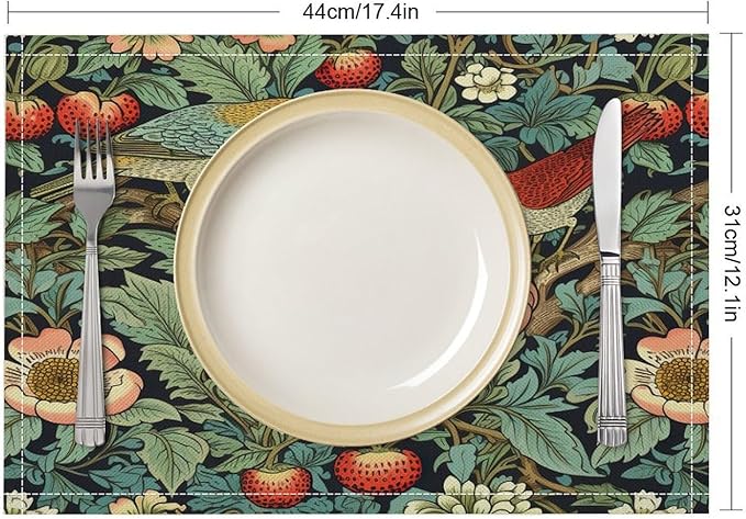 William Morris Botanical Art Placemats Strawberry Thief Floral Bird Linen Washable Table Mats Stain Heat-Resistant Desktop Decor Place Mats for Home Kitchen Dining Party 12x18 in 6 Pcs