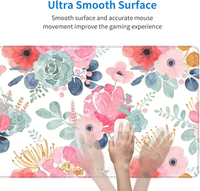 XL Flower Large Gaming Mouse Pad, Long Extended Full Floral Mouse Mat Desk Pad for Top Keyboard Table, Aesthetic Cute Big Stitched Mousepad Gifts for Women Office Decor(Pink, 31.5 * 11.8 in)