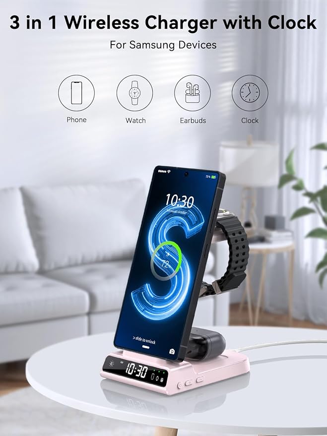 Wireless Charger for Samsung Charging Station with Clock for Samsung Galaxy S25 Ultra/S24 Ultra/Z Flip 7/Z Fold 6/Galaxy Bud, 3 in 1 Charger Station Watch Charger for Galaxy Watch 8/7/6/5Pro(Pink)