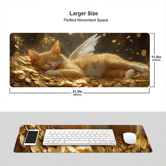 Cute Cat Desk Mat Dragon Wing Cave Gold Coin Fantasy Large Gaming Mouse Mat with Stitched Edges,Non-Slip Waterproof Rubber Base Mous Mat 31.5"x11.8" Office Computer Keyboard Laptop Home