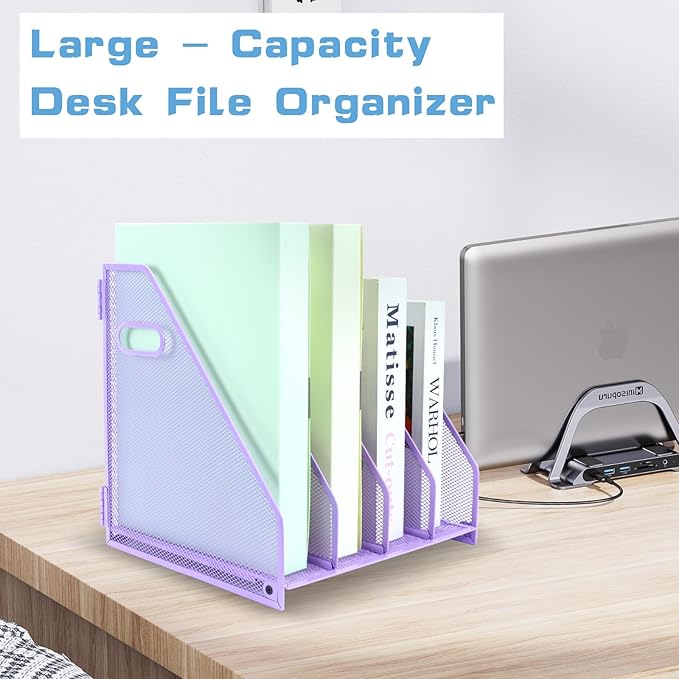 Desk Organizers Metal Magazine File Holder Racks Desktop Folder Storage Binder Organiser Document Organization for Home Office & Classroom,4 Vertical Compartments-Purple