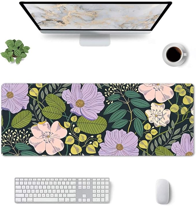 XL Olive Floral Large Gaming Mouse Pad, Long Extended Full Flower Mouse Mat Desk Pad for Top Keyboard Table, Aesthetic Cute Big Stitched Mousepad Gifts for Women Office Decor(Green, 31.5 * 11.8 in)
