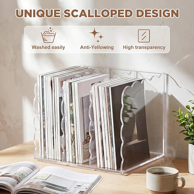 Suzile Scalloped Acrylic Magazine File Holder, 3-Compartment 4mm Thick, Clear Desk Organizer Vertical Bookends Organization for Office, Binders, Documents, Tablets, Magazines, Books