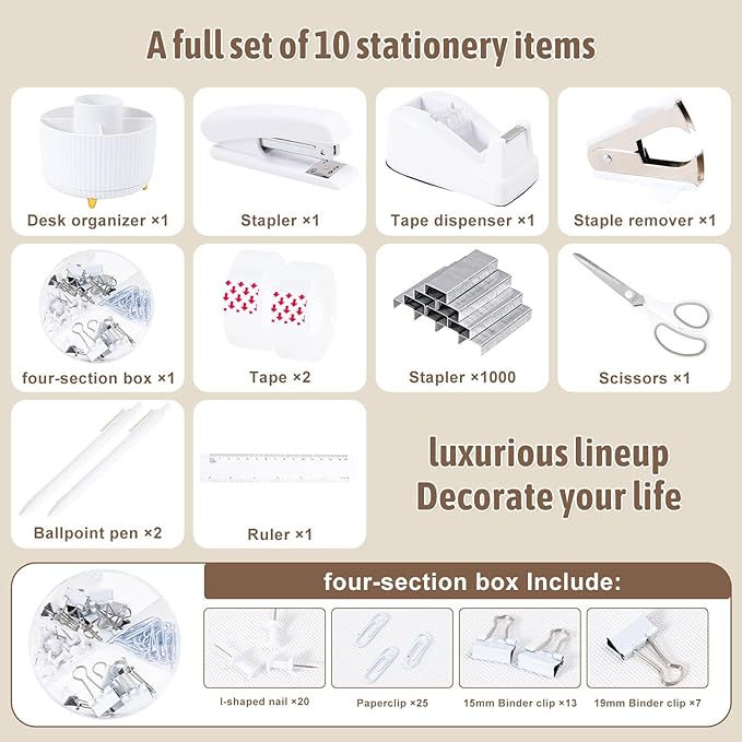 White Desk Accessories 12Pcs Set, Cute Office Supplies Decor for Women, 360° Rotating Pen Holder Organizer with Stapler, Tape Dispenser, Staple Remover, Staples, Tape, Clips Set, Ruler, Scissor, Pen