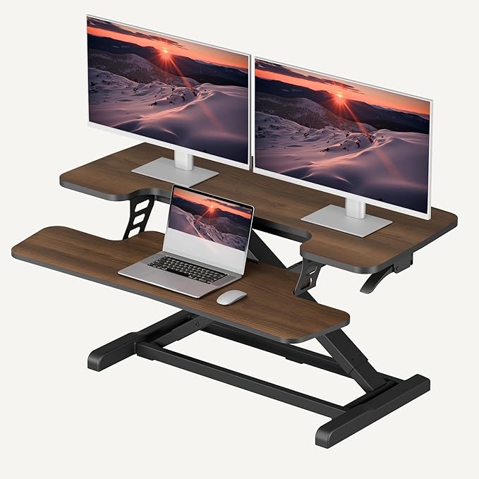 SANODESK 36" Standing Desk Converter, Smooth Mechanical Spring Effortless Lift Sit-Stand Riser for Dual Monitors, Heavy Duty Workstation with Keyboard Tray, Walnut