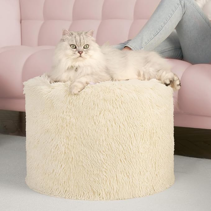 Hansleep Round Stuffed Pouf Ottoman 17 x 14, Foam Filled Faux Fur Ottoman Foot Rest for Chair with Washable Cover, Foot Stools Under Desk for Living Room & Bedroom, Beige