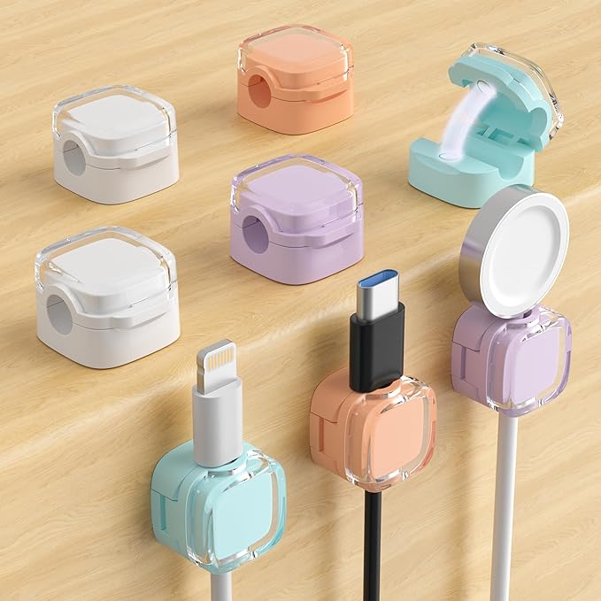 Magnetic Cable Clips, Adjustable Cord Holder Management, Adhesive Wire Keeper Organizer for Home Office Desk Phone PC Car Wall Desktop Nightstand Appliance (8-Pack Crystal Multicolor)