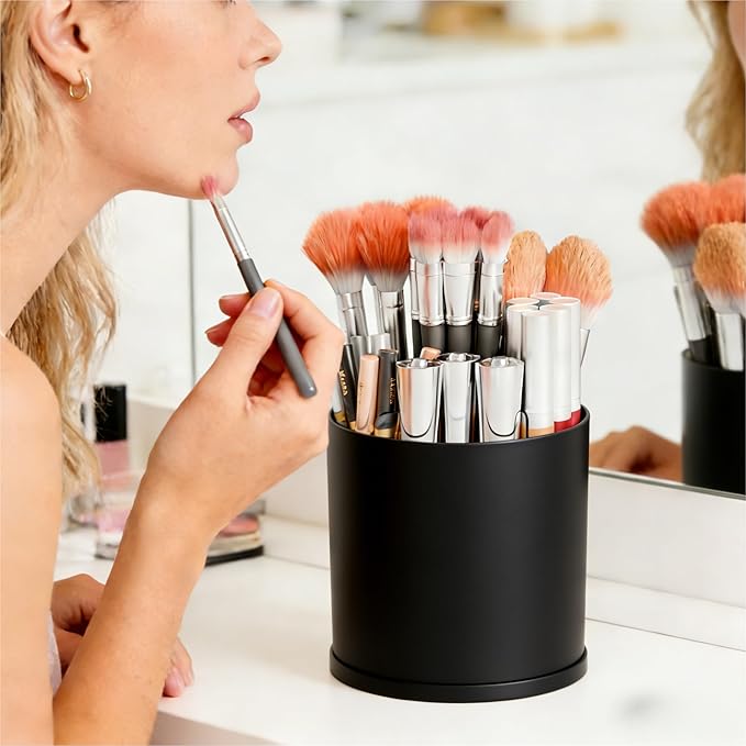 Yieach Rotating Acrylic Makeup Brush Holder for Vanity,Bathroom Countertop,Round Makeup Brushes Organizer,Spinning Cosmetic Brushes Holder,Make up Brush Storage and Office Desk Pen or Pencil Cup,Black