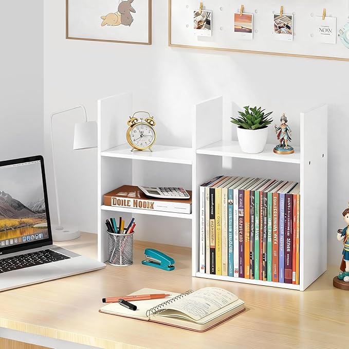 Desktop Shelf Organizer Desk Shelves - White Desk Hutch for Dorm Room Essentials & Home Office - Small Tabletop Bookshelf for Storage & Decor Display