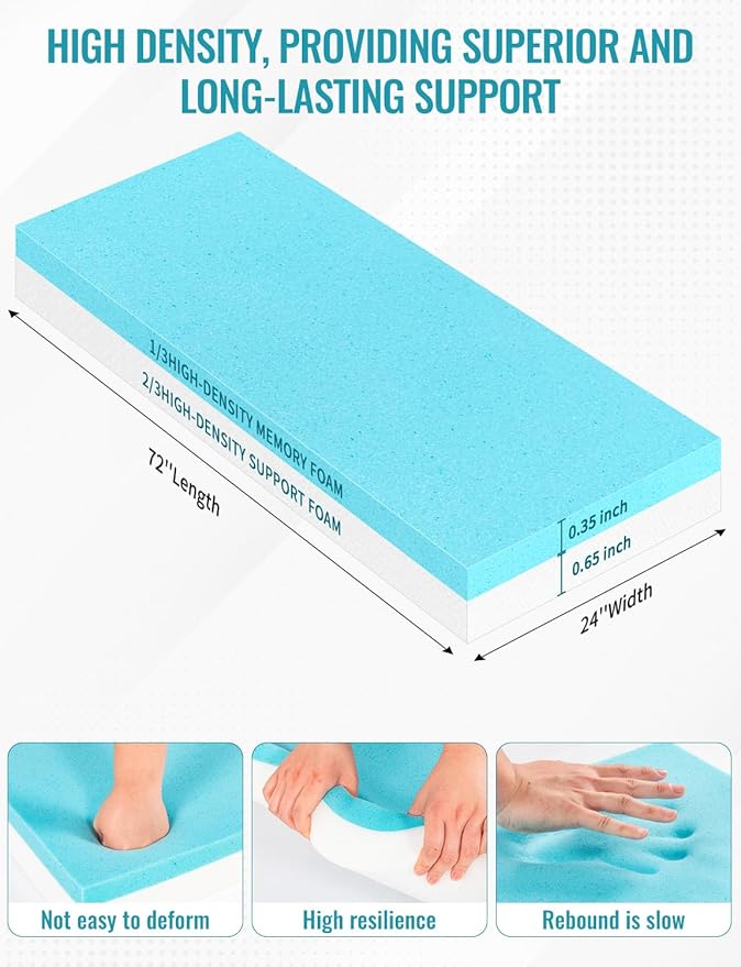 POYNUC Memory Foam Pad,1" Thick Gel Infused Cushion for Mattress Topper Pet Bed Gaming Chair RV Outdoor Sofa Breathable Low VOCs Cut to Size (24 * 72 * 1 in)
