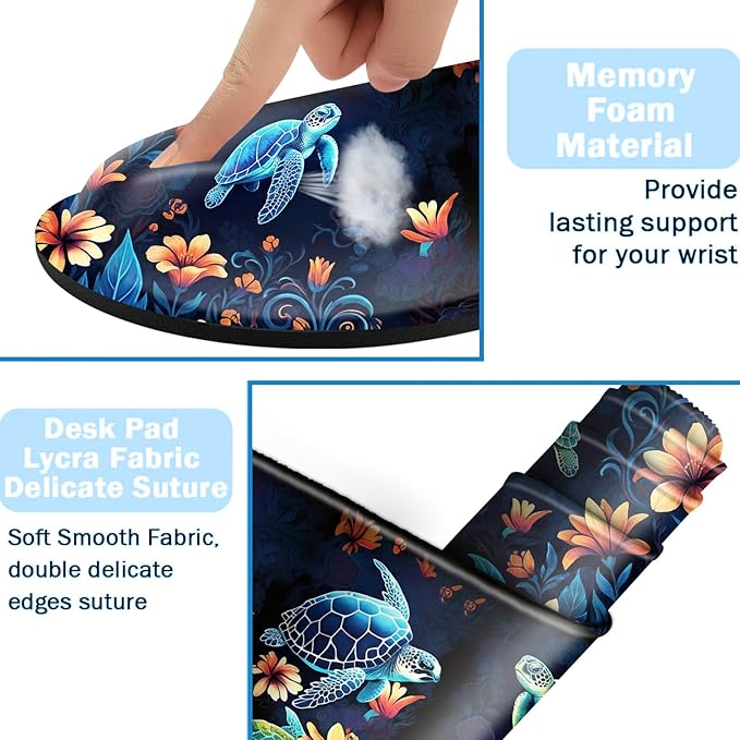 Ergonomic Mouse Pad Set with Wrist Support for Keyboard and Wrist Rest for Mouse, Memory Foam Comfort, Non-Slip Large Desk Mat for Home Office Pain Relief,Sea Turtle with Flower