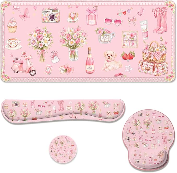 Pink Collage Desk Mat Set Coquette Floral Cute Aesthetic Large Mouse Pad with Wrist Rest 4in1 Desk Mat for Desktop Ergonomic Computer Desk Arm Wrist Anti-Slip Computer Mouse Pad Home Office Gaming