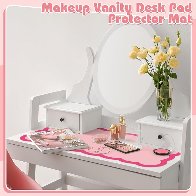 Teenyyou Makeup Mat for Vanity Protect Scalloped Makeup Mat 31.5 x 15.8'' Vanity Cover Top 2026 Graduation Gifts Dual-sided Dressing Table Pad Waterproof Mouse Pads for Dormitory Desktop(Pink)