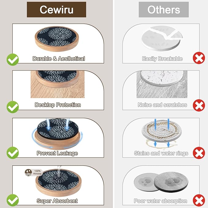 Wood Coasters Set of 4 with Holder, Cewiru Cup Mat for Drinks, Absorbent Coasters with Felt Insert for Coffee Table Protection, Modern Style Home Dining Table Decor, 4.3" Black