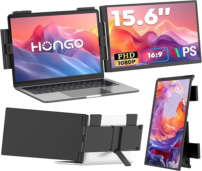 HONGO Laptop Screen Extender, 15.6" FHD 1080P Dual Monitor, Laptop Monitor Extender for 14"-16" Laptops, Second Screen with USB-C/HDMI Port, Plug n Play for Windows/Mac/Android/Switch/PS5