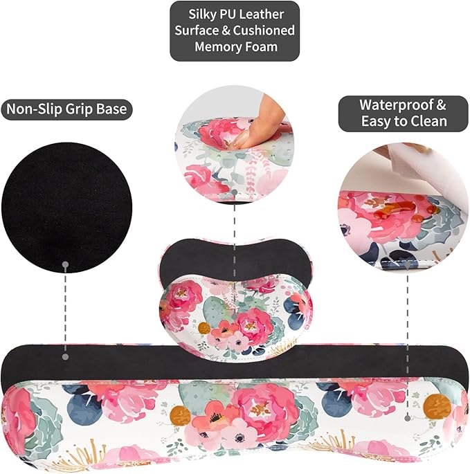 QiyI Leather Desk Mat Set, 4-in-1 Large Mouse Pad with Wrist Rest, Non-Slip Desk Pad + Keyboard Wrist Rest + Mouse Wrist Support + Coaster, Office Desk Accessories Home Decor Supplies, Pink Flowers