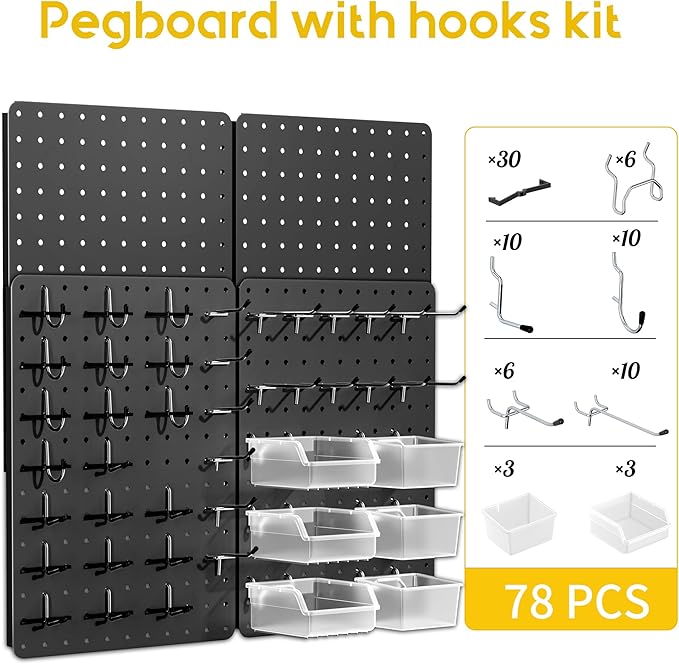 Peg Board for Tools, 4 Pack Metal Pegboard Wall Organizer with Hooks, 14.76"×10.82" Black Pegboard Panels for Walls Home, Garage Tool Storage, Kitchen, Office Organization, Craft Room