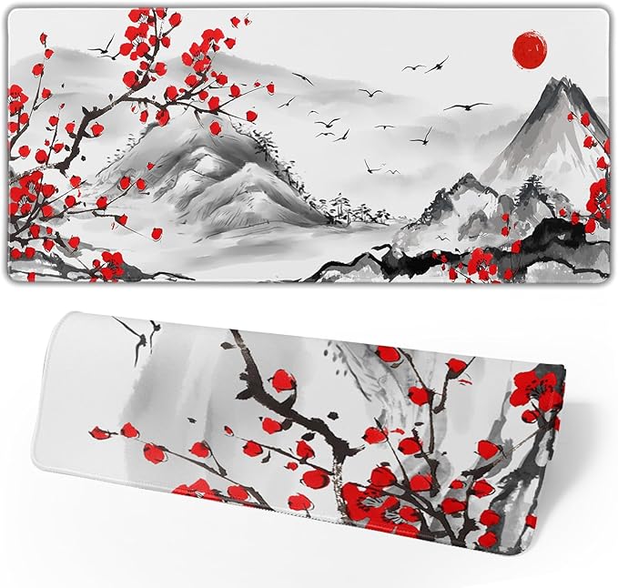 Japanese Cherry Blossom Gaming Mouse Pad 31.5x11.8 Inch Watercolor Cherry Blossom Keyboard Mat Extended Large Non-Slip Rubber Base Waterproof Japanese Desk Mat with Stitched Edges for Home Office