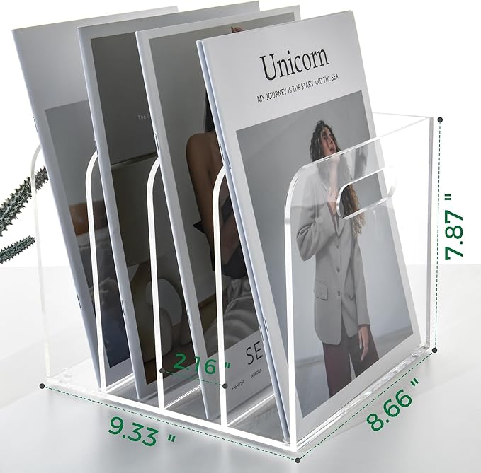 Acrylic File Holder for Desk - 4 Slot Vertical Magazine Organizer & Bookend - Clear Document Sorter Rack for Folders, Binders, Notebooks & Reports - Non-Slip Office Desktop Storage Sorter