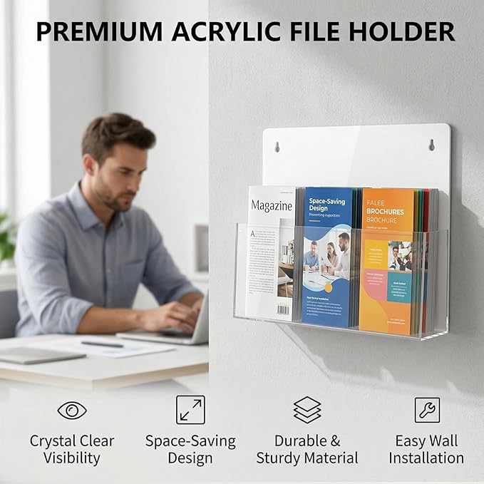 JUESHA 2 Pack Clear Acrylic File Holder Wall Mount Self Adhesive, Letter Size Hanging Paper Organizer, Wall Pocket File Holder Storage for Letter Folder Brochure Magazine Bookshelf Literature Display