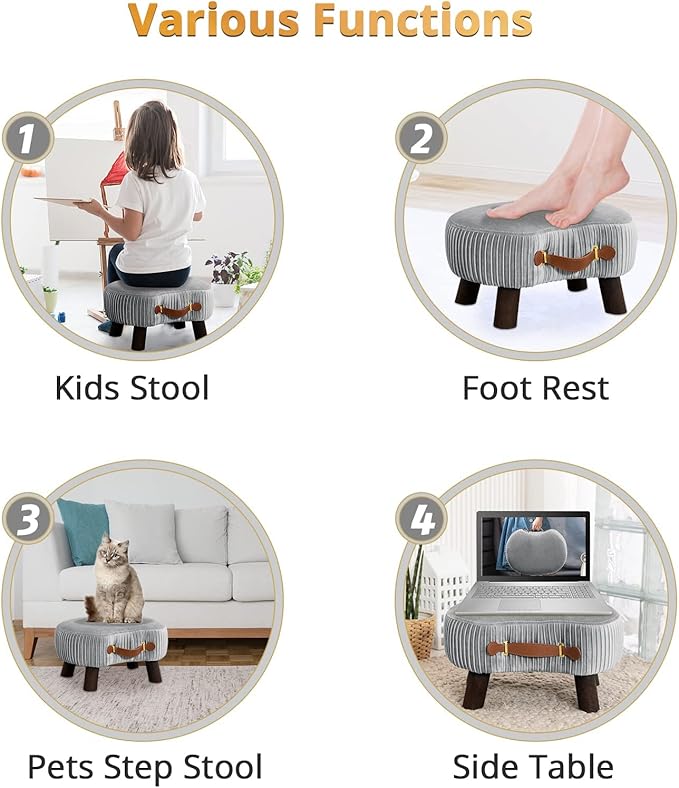 LUE BONA Small Curved Foot Stool with Handle, Gray Velvet Footstool and Ottomans, Modern Foot Rest with Wooden Legs, Step Stool with Padded Seat for Couch, Living Room
