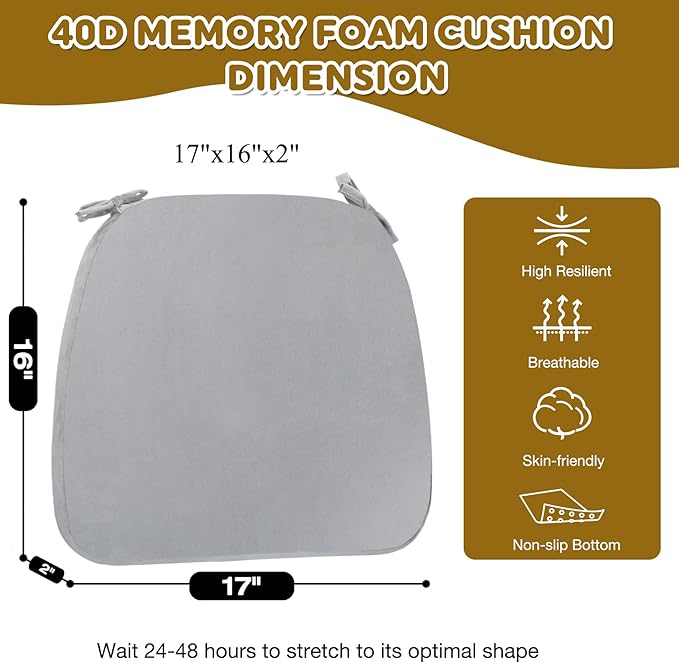 Chair Cushions Set of 6, D-Shaped Seat Cushion for Chair, Non Slip Chair Pads with Ties, 17" x 16" x 2", 40D Foam, Removable Washable Cover, Seat Cushions for Kitchen Chairs, Velure Grey