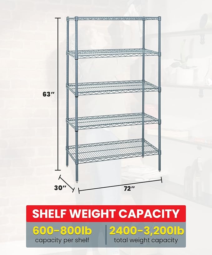 Quantum Storage Systems WR63-3072GY-5 Wire Shelving 5 Shelf Starter Units, 30" x 72" x 63", Gray Epoxy