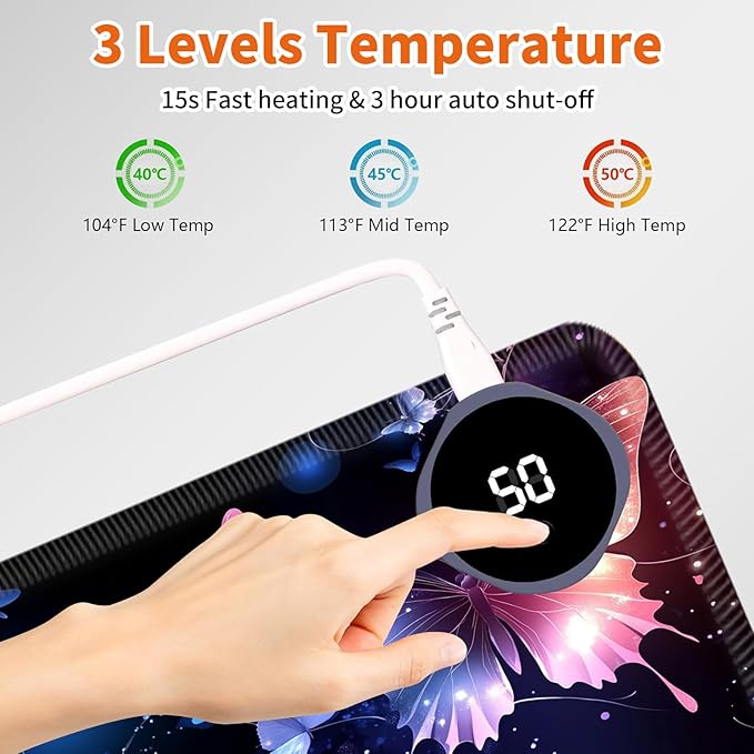 Heated Mouse Pad,Warm Desk Pad with 3 Levels Heating & 3 Hours Auto Shut-Off, PU Leather Heated Desk Pad Warmer Pad for Home Office - 23.6 x 14.2 inch,Shining Butterfly