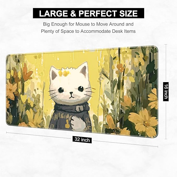 Desk Pad, 32" x 16" XXXL Extended Large Gaming Mouse Pad, Desktop Decor Desk Mat, Men Women Office Supplies and Accessories, Cute Anime Mouse Mat for Laptop & Keyboard, Yellow Flower Cat