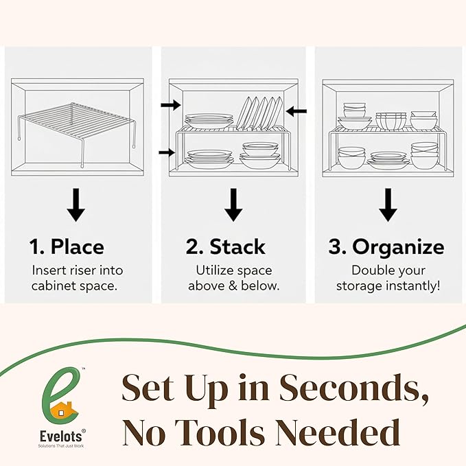 Evelots Kitchen Cabinet Wire Shelf Organizer/Rack - 4 Pack Sturdy Large Metal Shelf Risers - Double Your Counter Space - Great for Kitchen, Freezer, Pantry and Bathroom - Rustproof - Black