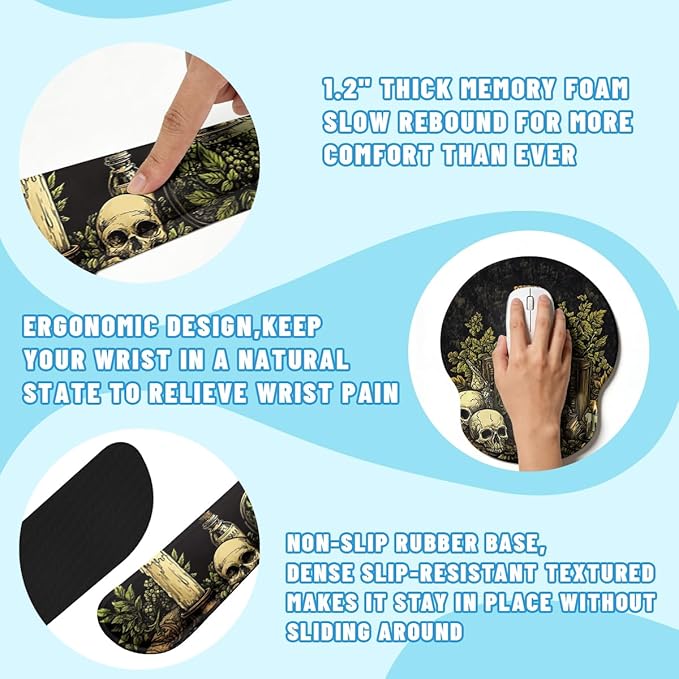 Dark Alchemy Desk Mat Set Witch Herbal Skull Study Large Mouse Pad with Wrist Rest 4in1 Desk Mat for Desktop Ergonomic Computer Desk Arm Wrist Anti-Slip Computer Mouse Pad Home Office Gaming