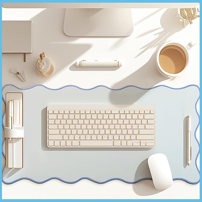 Hahafelt Scalloped Desk Mat Large Desk Pad Cute Coquette Table Mat Aesthetic Preppy Table Make up Pad Nonslip 2026 Graduation Gift with Stitching Waterproof Gaming(Blue,31.5 x 15.8 Inches)