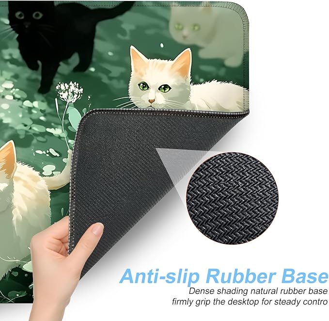 Cute Cat Mouse Pad Large Gaming Desk Mat - Kawaii Black and White Cats in Green Forest, Extended XL Mousepad with Non-Slip Rubber Base for Office, Home, PC, Laptop