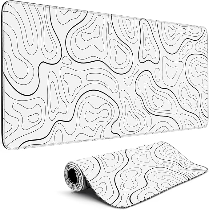 Gaming Mouse Pad Big Mousepad with Non-Slip Rubber Base, 31.5 x 11.8 in XL Large Desk Mat for Gaming Home Office, Long Keyboard Pad Mouse Mat for Computer with Stitched Edges, White Topographic