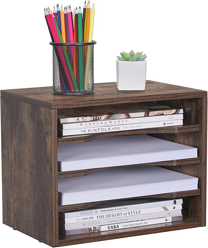 Snughome Vintage Wood File Organizer Desktop, 13.4’’ Document Letter Mail Tray Sorter with 3 Adjustable Shelves, Wooden Desktop Paper File Sorter Holder for School Home Office Supplies