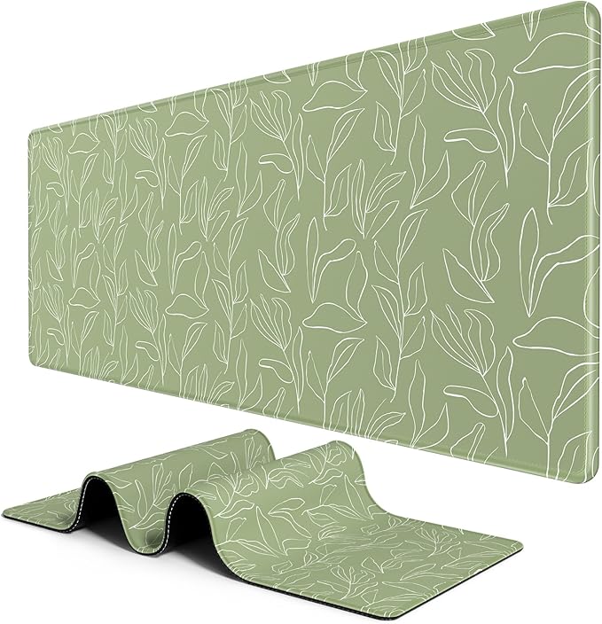 BosoBo Large Gaming Desktop Mat - XXL XXL Full Cover 35.5 x 15.7 Inches, Minimalist Green Leaf