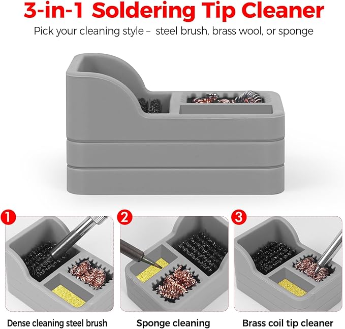 Soldering Iron Tip Cleaner Kit with Brass Wool, Sponge & Steel Brush in Gray Silicone Holder – Heat & Scratch Resistant Cleaning Tool for Soldering, Electronics Repair & DIY Projectst