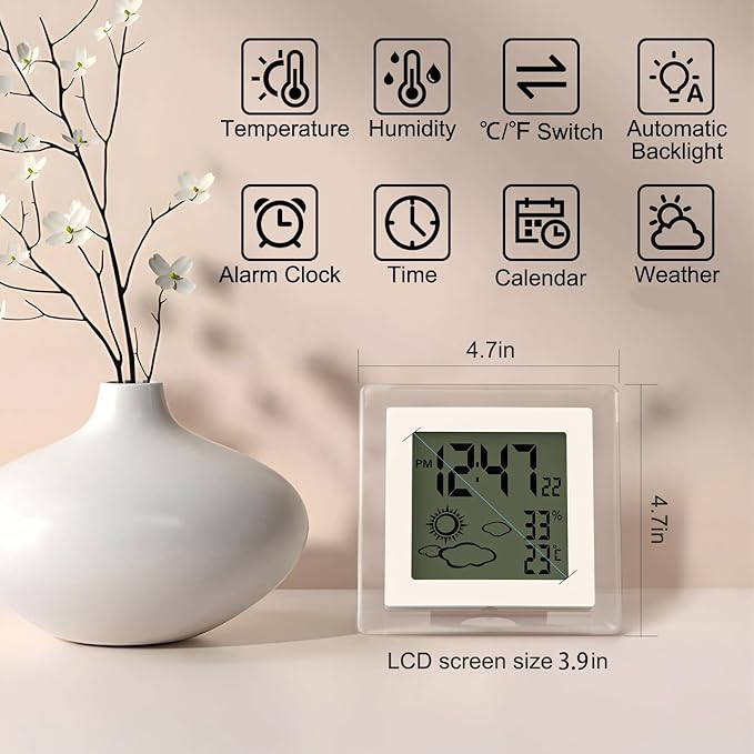 Small Clock Digital Battery Operated Alarm Clock with Auto Backlight, Indoor Temperature Humidity, 12/24H, Date, Travel Alarm Clock Desk Clock Small Clock for Shelf (Battery Included)